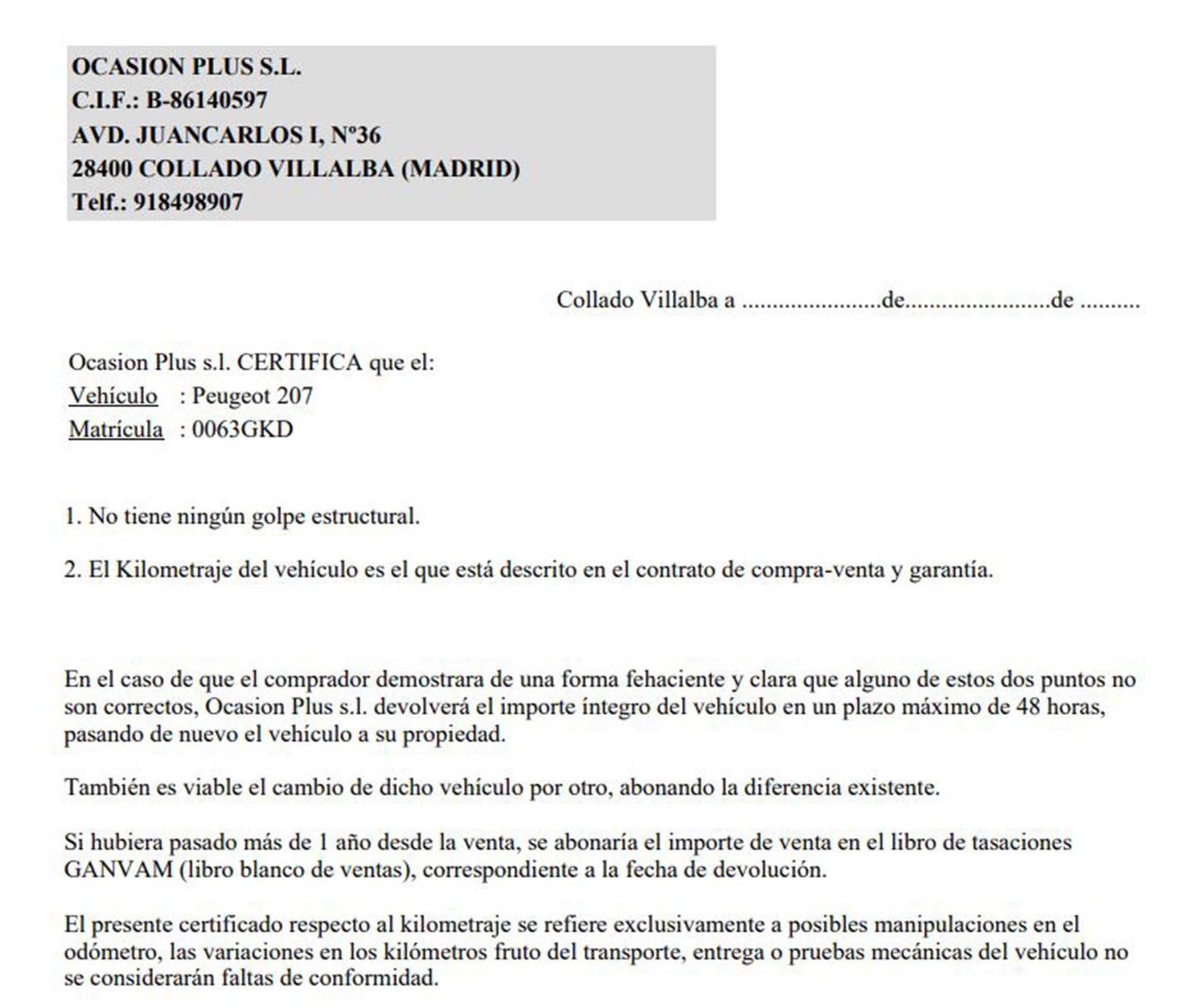 Foto del certificado del Peugeot 207 Peugeot 207 CC CC 1.6 VTi 16v (120 CV)
