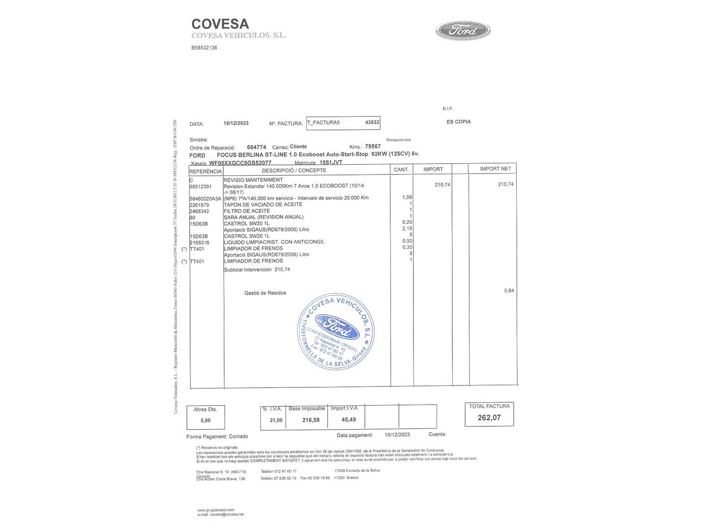 Foto del mantenimiento del Ford Focus Ford Focus 1.0 Ecoboost S&S ST-Line (125 CV)