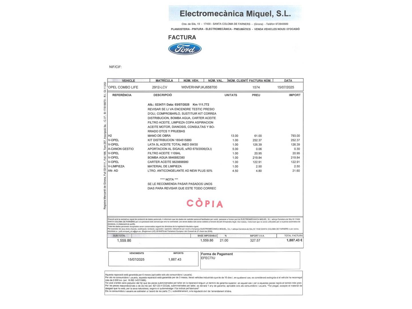 Foto del mantenimiento del Opel Combo Life Opel Combo Life 1.2 Turbo S&S Selective L (110 CV)