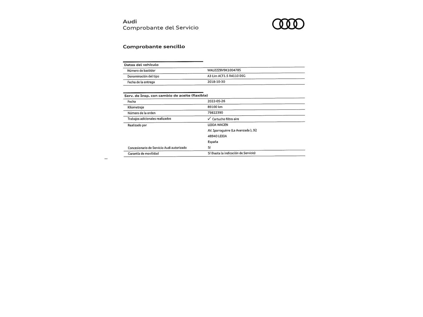Foto del mantenimiento del Audi A3 Audi A3 Sedan S line 35 TFSI (150 CV) S tronic