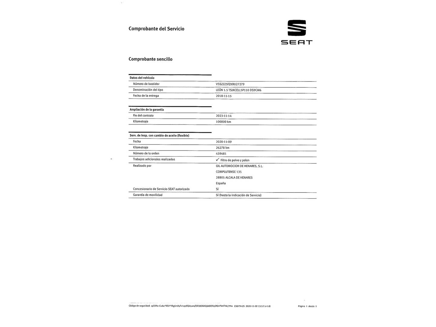 Foto del mantenimiento del Seat León Seat León 1.5 TSI S&S Xcellence (150 CV)