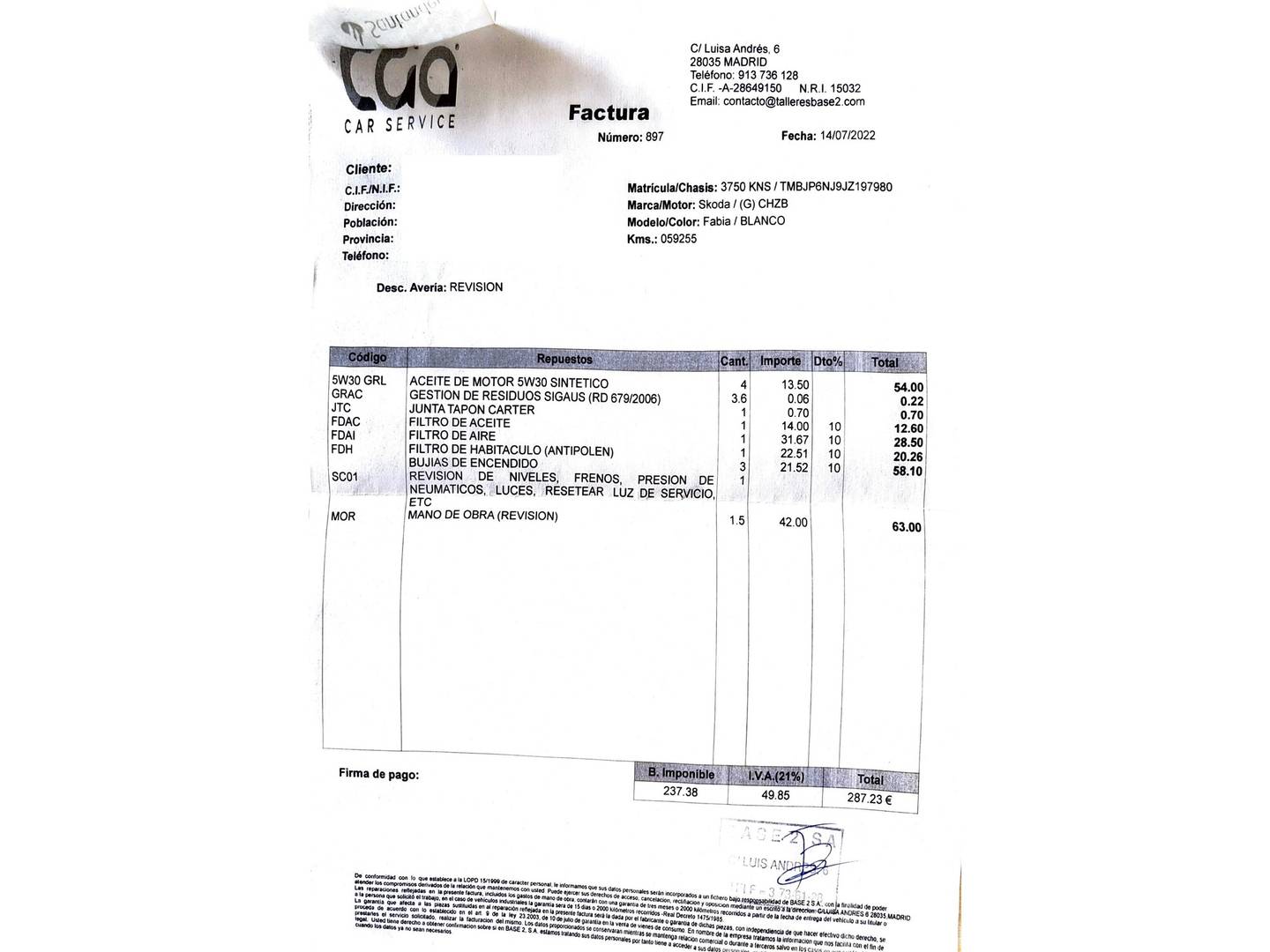 Foto del mantenimiento del Skoda Fabia Skoda Fabia Combi 1.0 TSI Like (95 CV)