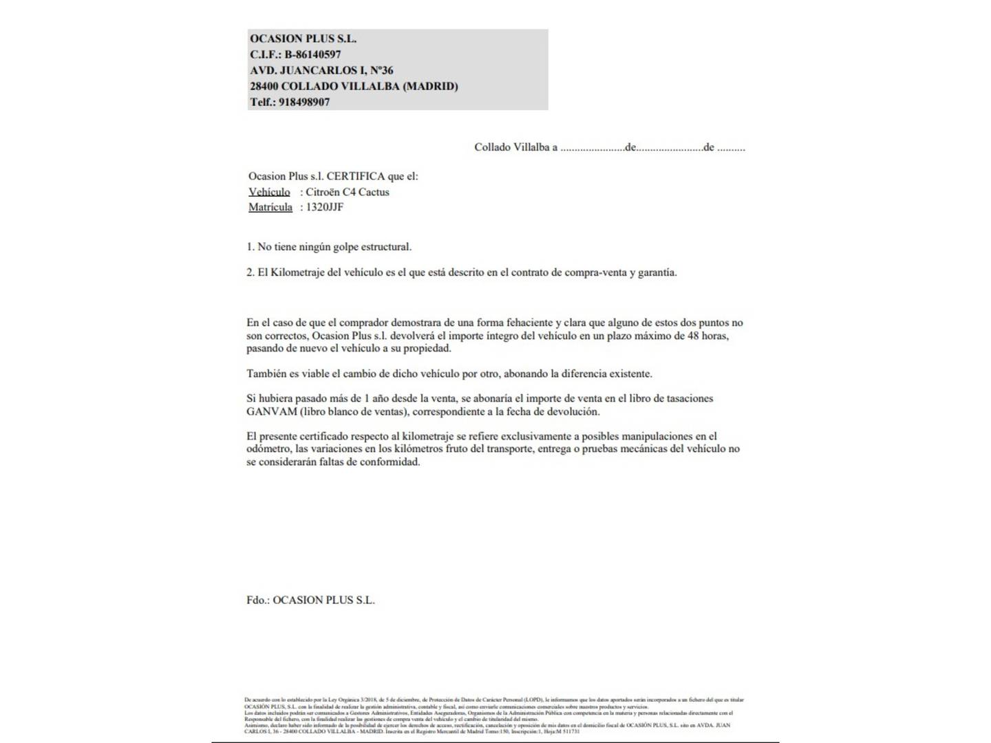 Foto del certificado del Citroën C4 Cactus Citroën C4 Cactus PureTech 110 S&S Feel (110 CV)