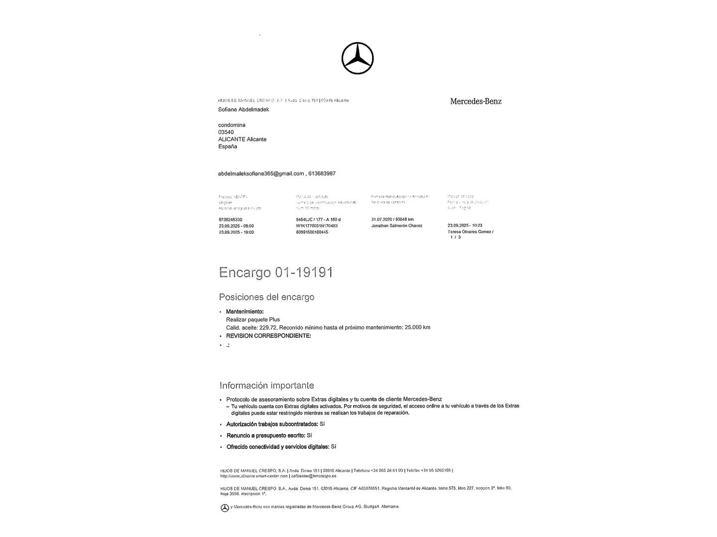 Foto del mantenimiento del Mercedes Clase A Mercedes Clase A 180 d (116 CV) Pack AMG