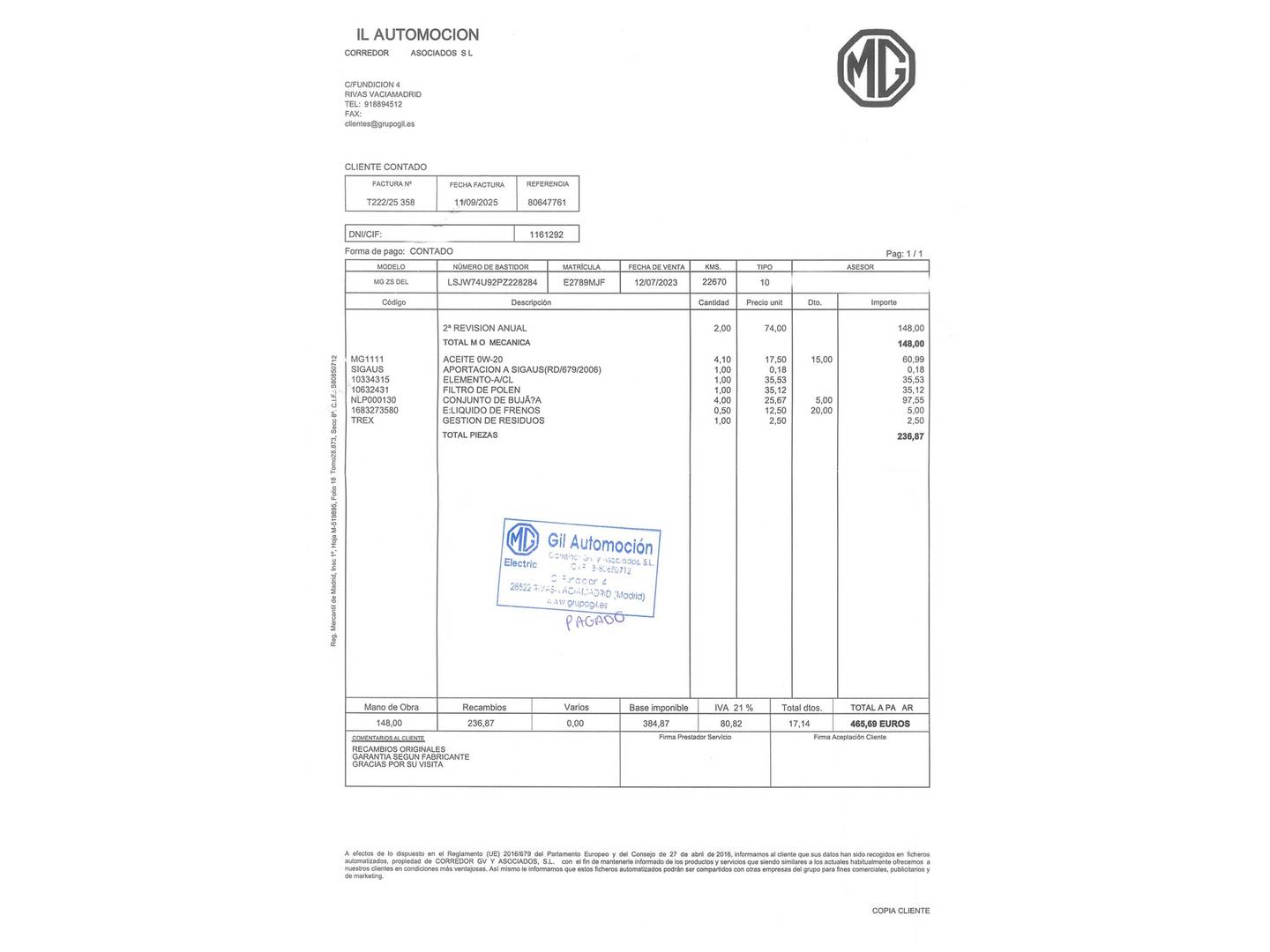 Foto del mantenimiento del MG ZS MG ZS 1.5 Luxury (106 CV)