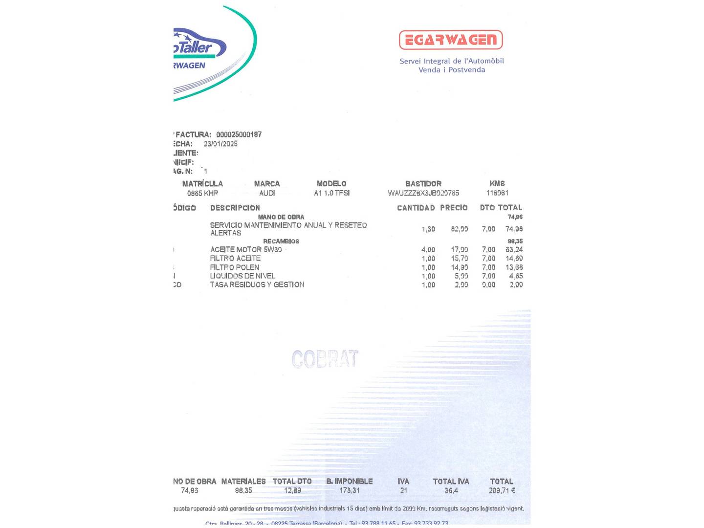 Foto del mantenimiento del Audi A1 Audi A1 Adrenalin 1.0 TFSI (95 CV) Pack S-line