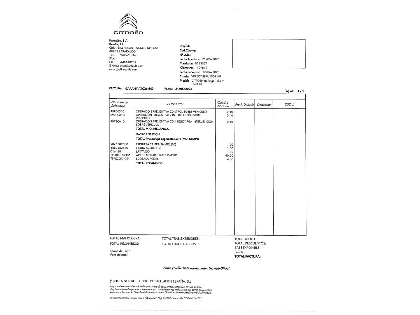 Foto del mantenimiento del Citroën Berlingo Citroën Berlingo BlueHDi 130 S&S Talla M Shine EAT8 (130 CV)