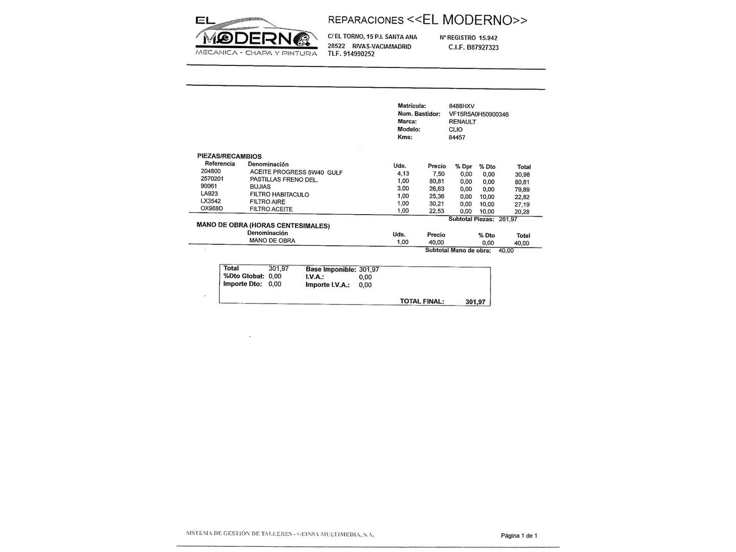 Foto del mantenimiento del Renault Clio Renault Clio Dynamique Energy TCe (90 CV)