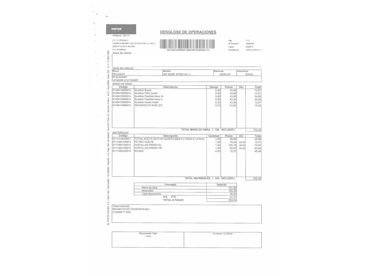 Foto del mantenimiento del Peugeot 407 Peugeot 407 2.0 Sport (140 CV)