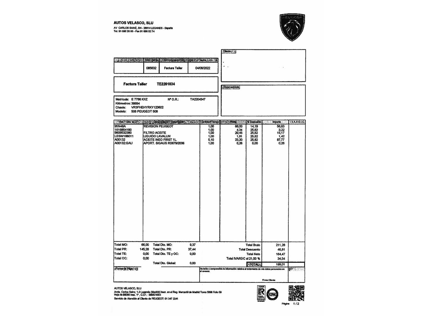 Foto del mantenimiento del Peugeot 508 Peugeot 508 BlueHDi 160 S&S GT Line EAT8 (160 CV)
