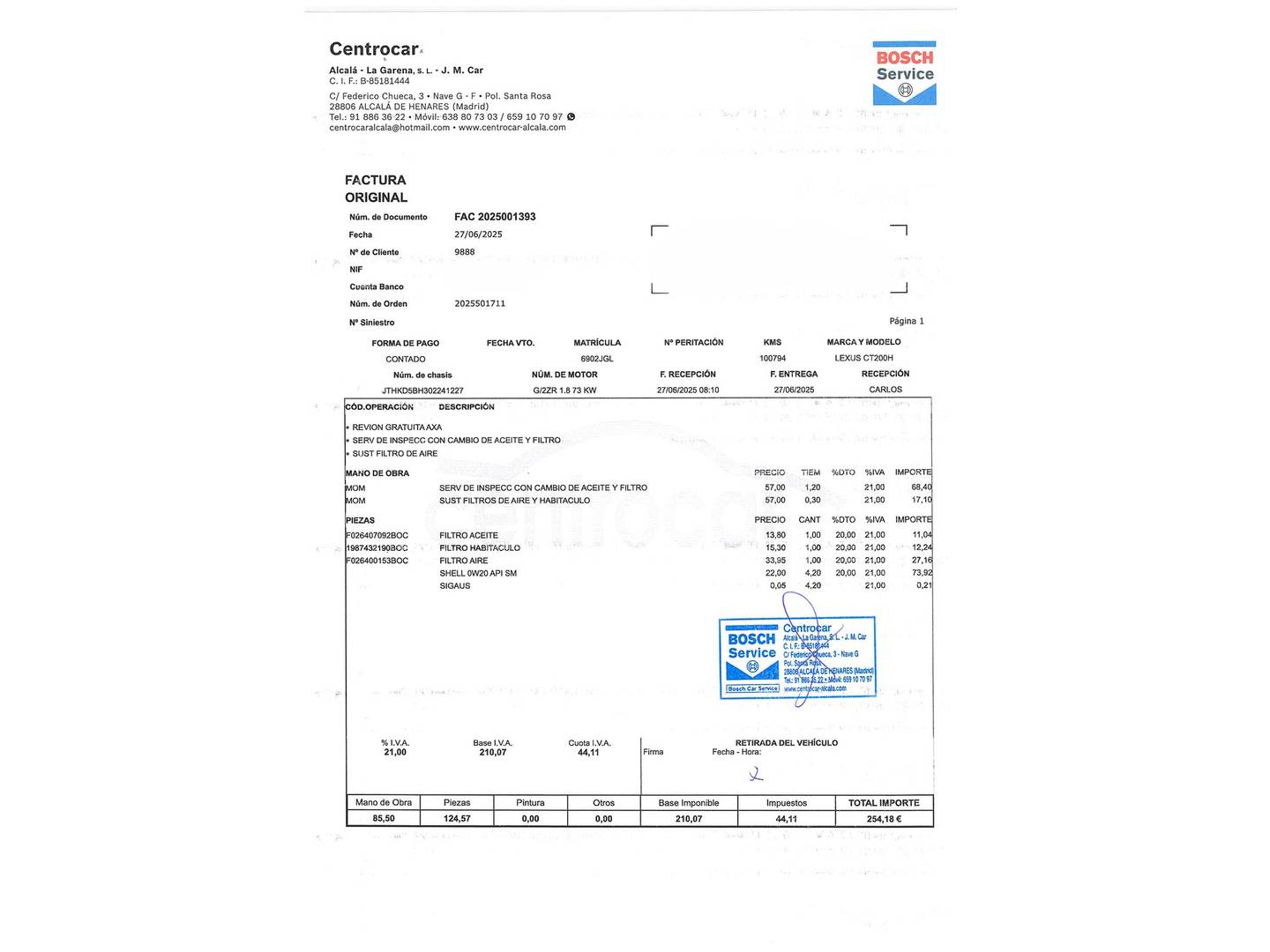 Foto del mantenimiento del Lexus CT Lexus CT 200h Fuji (136 CV)