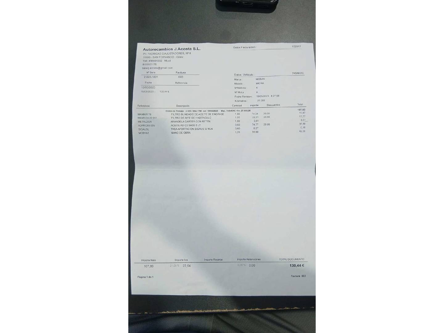 Foto del mantenimiento del Nissan Micra Nissan Micra 1.0 G Visia+ (71 CV)