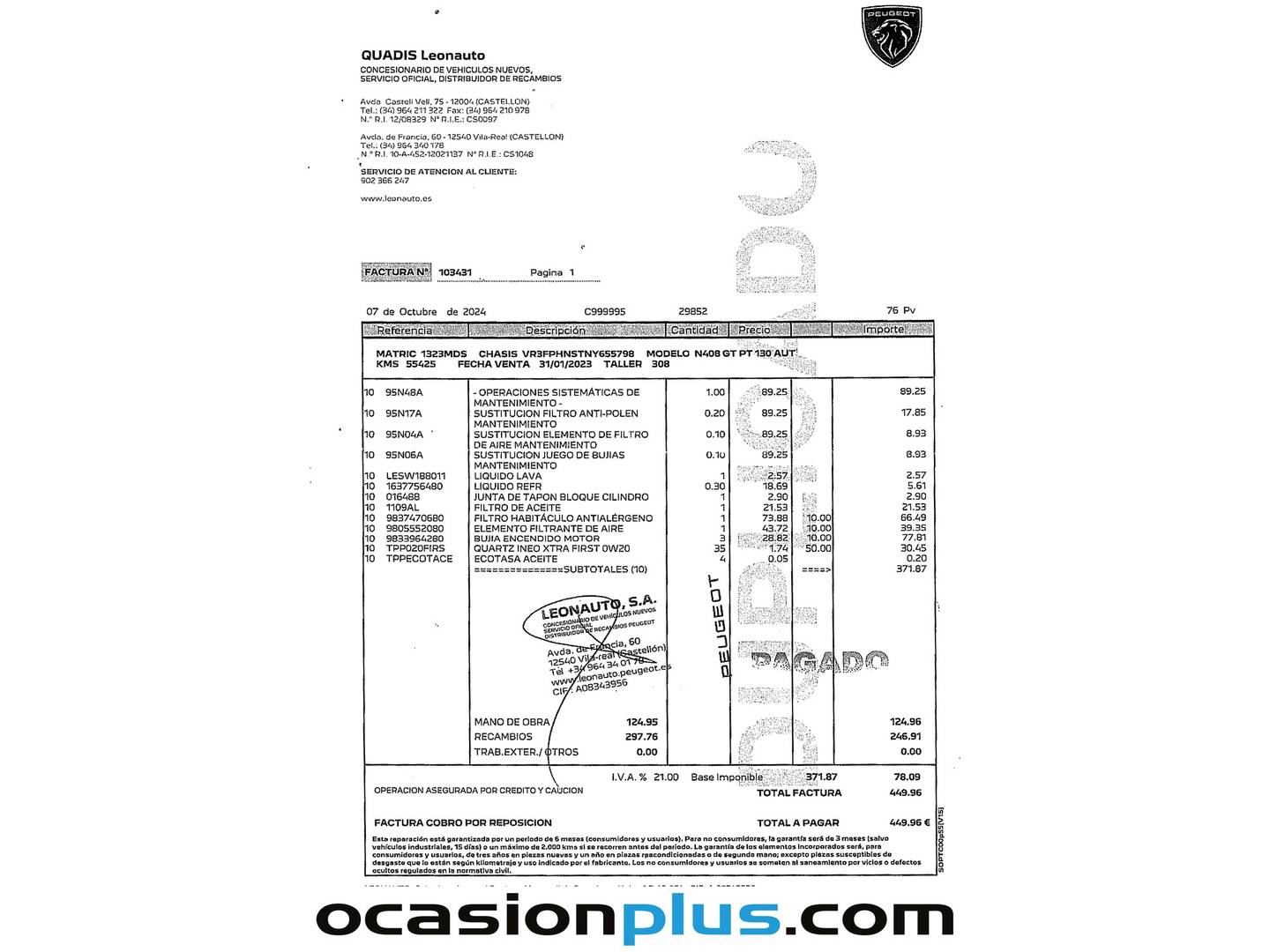 Foto del mantenimiento del Peugeot 408 Peugeot 408 GT Puretech EAT8 (130 CV)
