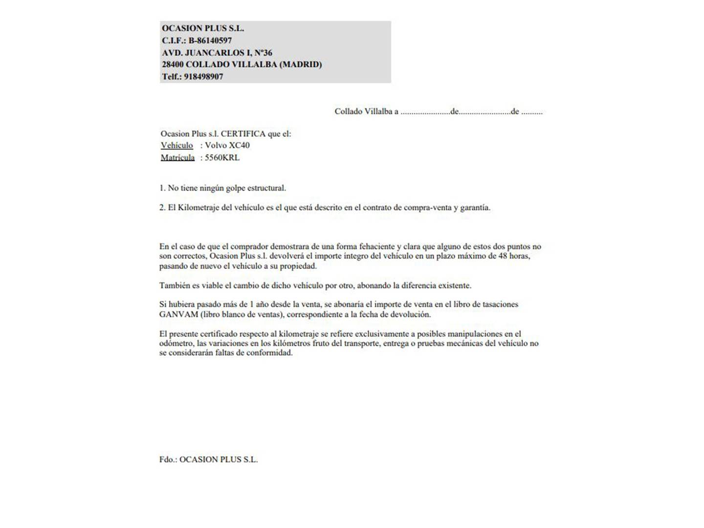 Foto del certificado del Volvo XC40 Volvo XC40 T3 (156 CV)