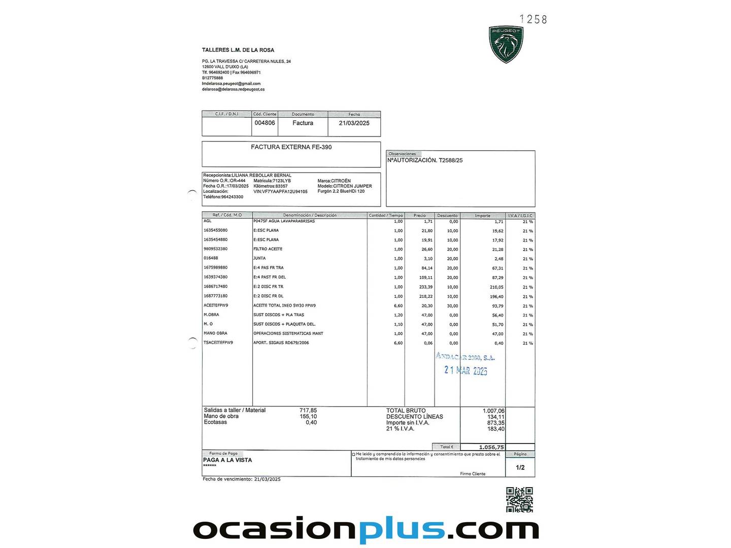 Foto del mantenimiento del Citroën Jumper Citroën Jumper BlueHDi (120CV) Furgón 30L1H1