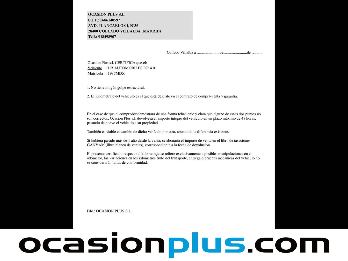 Foto del certificado del DR AUTOMOBILES DR 4.0 DR AUTOMOBILES DR4 1.5 (116 CV)