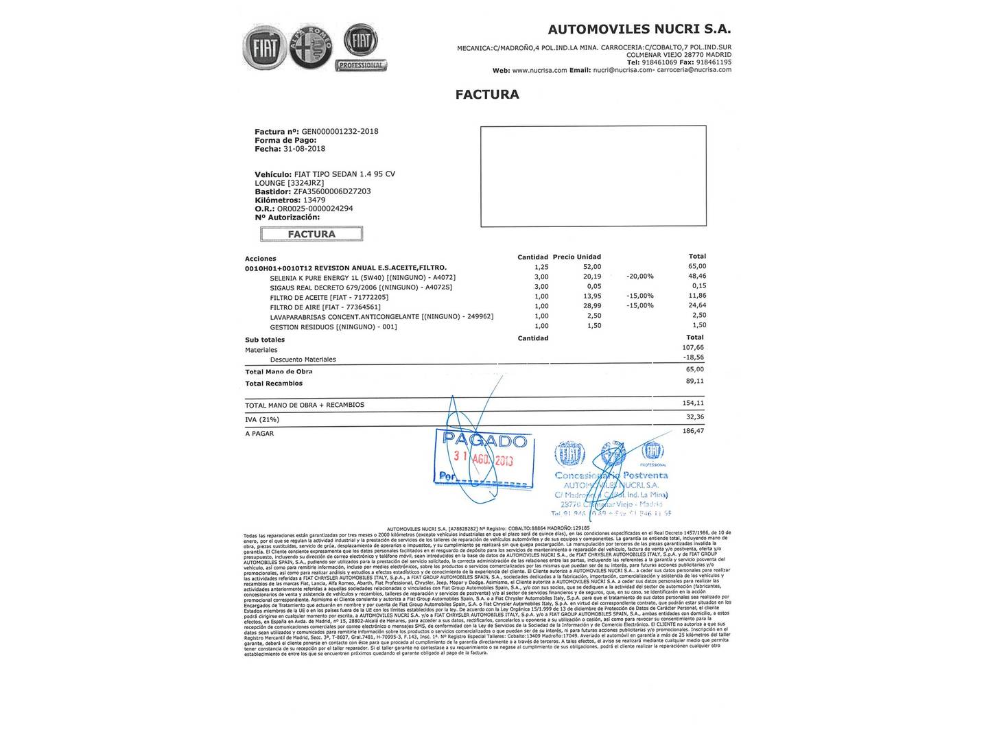 Foto del mantenimiento del Fiat Tipo Fiat Tipo Sedan 1.4 Lounge (95 CV)