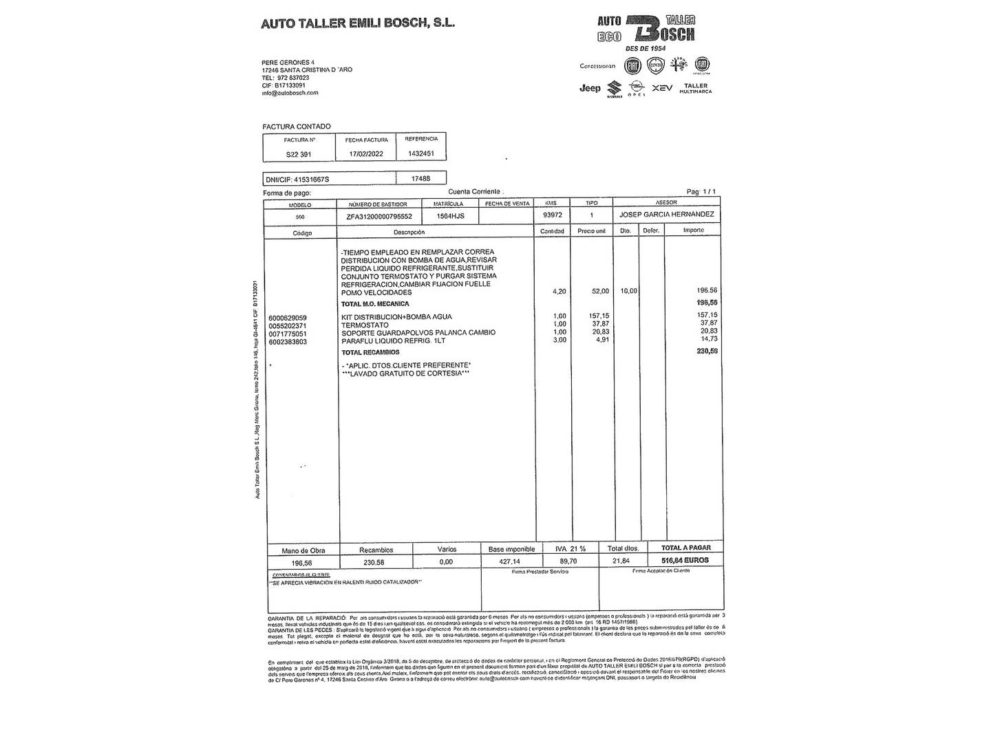 Foto del mantenimiento del Fiat 500 Fiat 500 1.2 8v Lounge (69 CV)