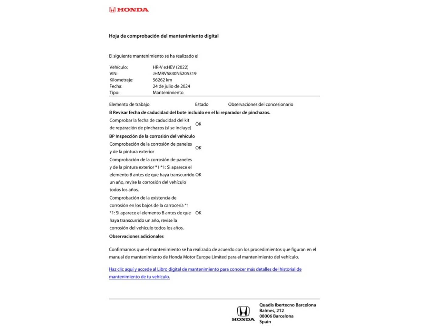 Foto del mantenimiento del Honda HR-V Honda HR-V 1.5 i-MMD Advance 4x2 Auto (131 CV)
