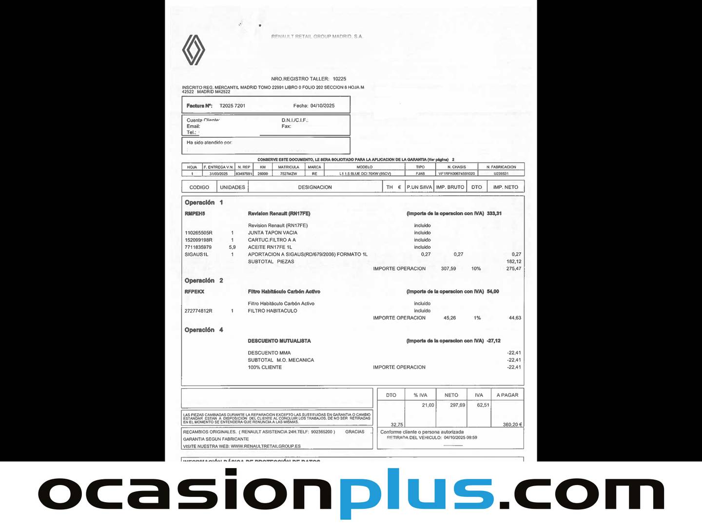 Foto del mantenimiento del Renault Kangoo Furgón Renault Kangoo Furgon dCi Blue L1 (95 CV)