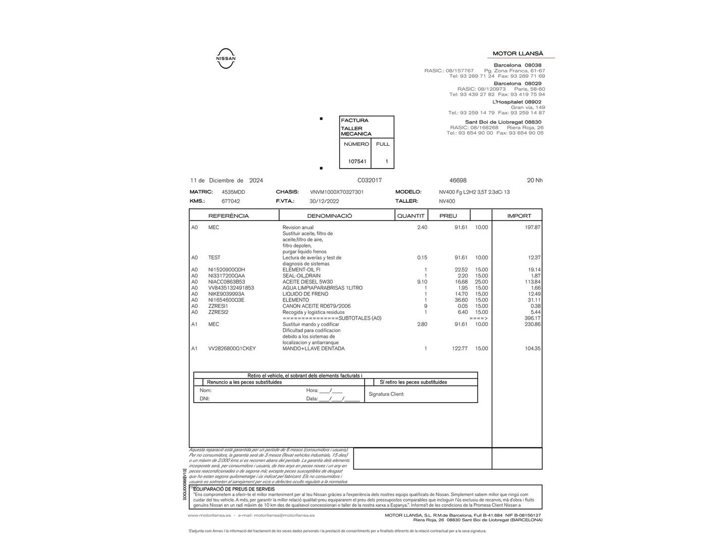 Foto del mantenimiento del Nissan Interstar Nissan Interstar Furgon 2.3 dCi GO L2H2 3,5T FWD (135 CV)