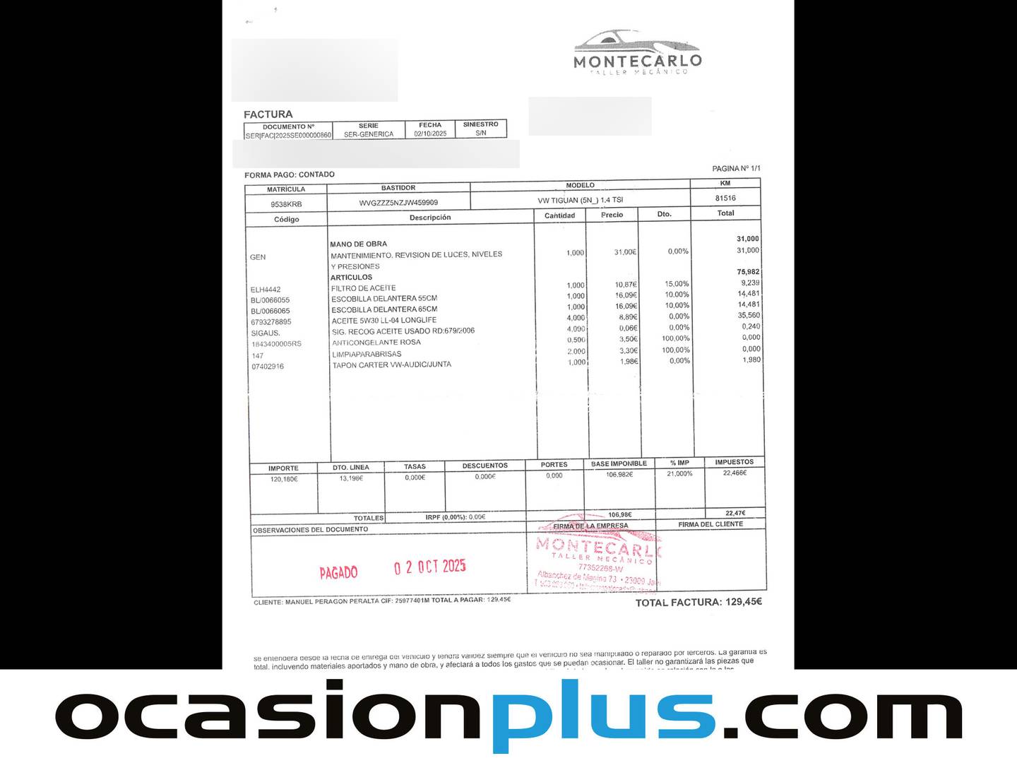 Foto del mantenimiento del Volkswagen Tiguan Volkswagen Tiguan Tech&Go 1.4 TSI (125 CV)