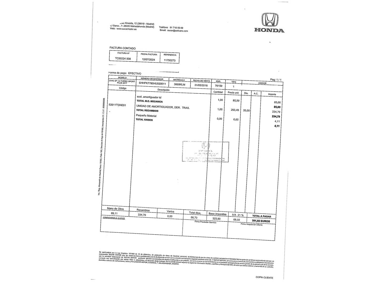 Foto del mantenimiento del Honda Civic Honda Civic 1.5 VTEC Turbo Sport Plus (182 CV)