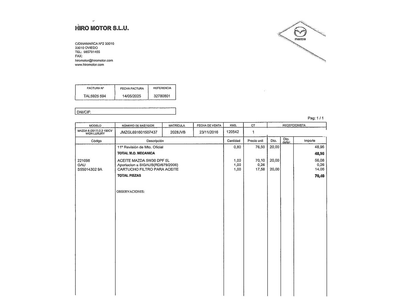 Foto del mantenimiento del Mazda Mazda6 Mazda Mazda 6 2.2 DE WAGON Luxury (150 CV)