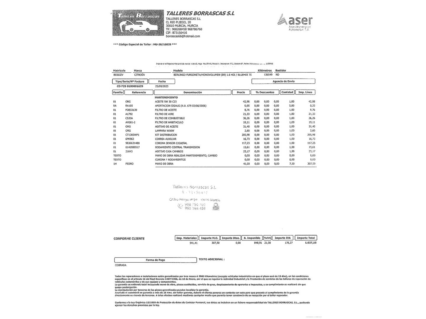 Foto del mantenimiento del Citroën Berlingo Citroën Berlingo Multispace Live Edition BlueHDi (75 CV)