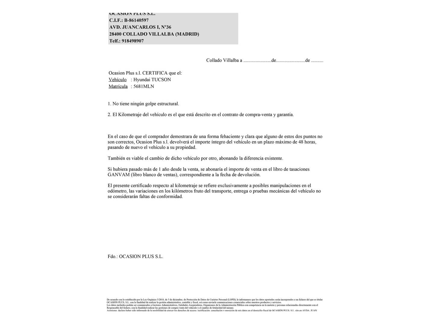 Foto del certificado del Hyundai Tucson Hyundai Tucson 1.6 TGDI Klass 4x2 (150 CV)