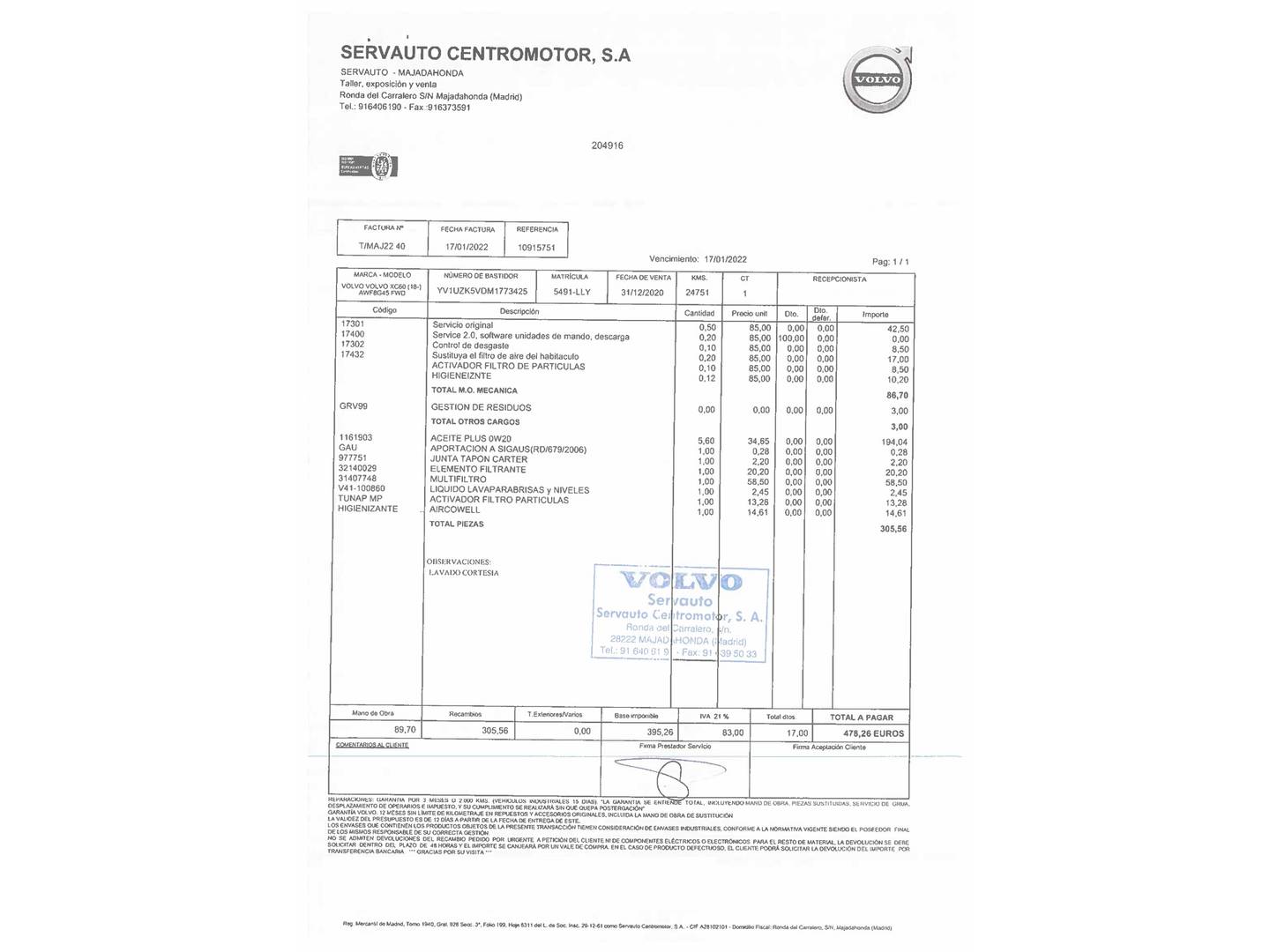 Foto del mantenimiento del Volvo XC60 Volvo XC60 D4 Business Plus Auto (190 CV)