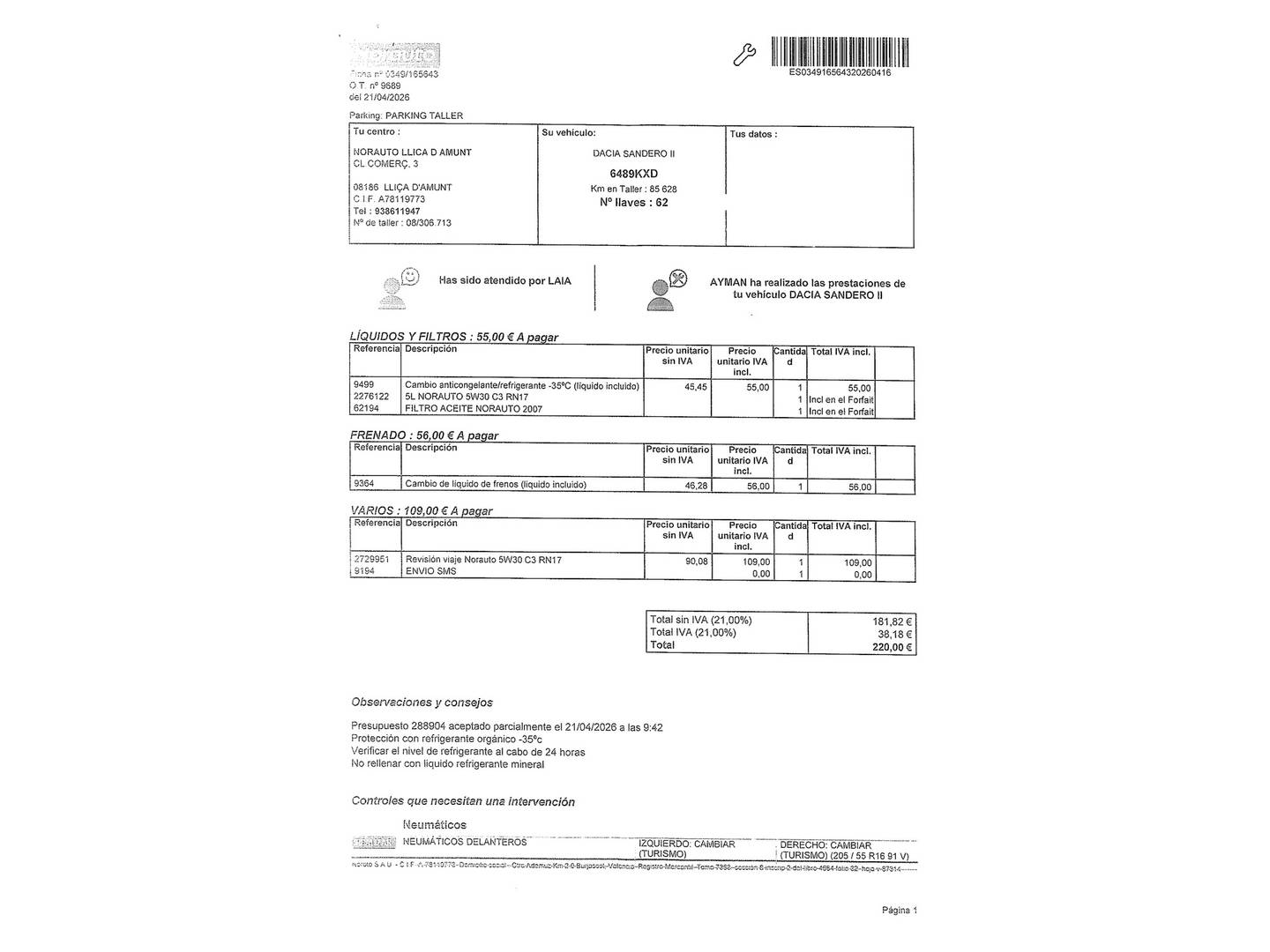 Foto del mantenimiento del Dacia Sandero Dacia Sandero Serie Limitada Xplore TCe (90 CV)