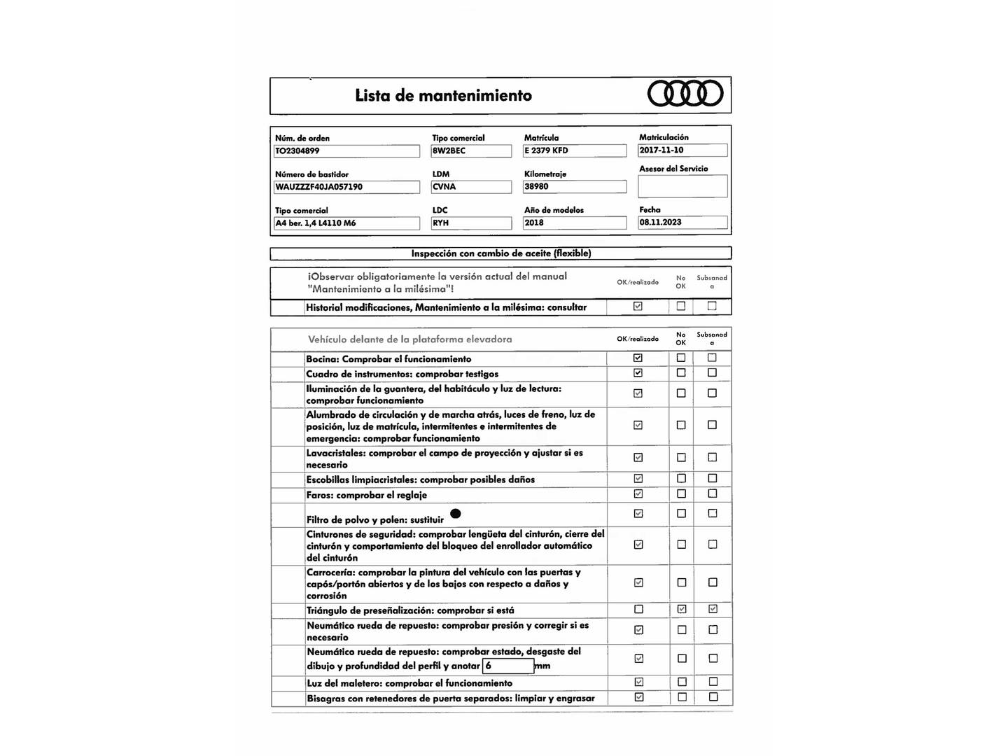 Foto del mantenimiento del Audi A4 Audi A4 S line edition 1.4 TFSI (150 CV)