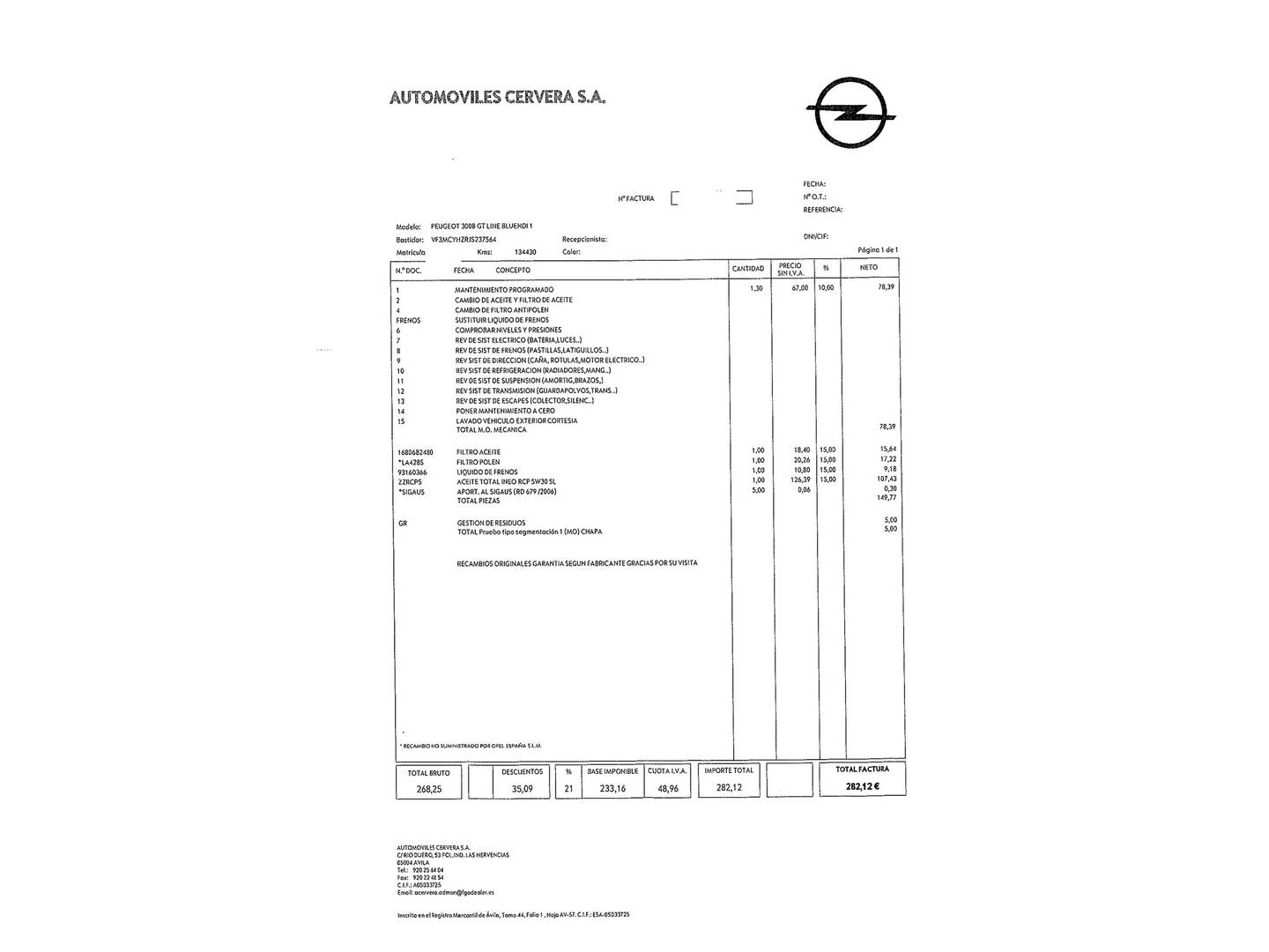 Foto del mantenimiento del Peugeot 3008 Peugeot 3008 BlueHDI 130 S&S GT Line EAT8 (130 CV)