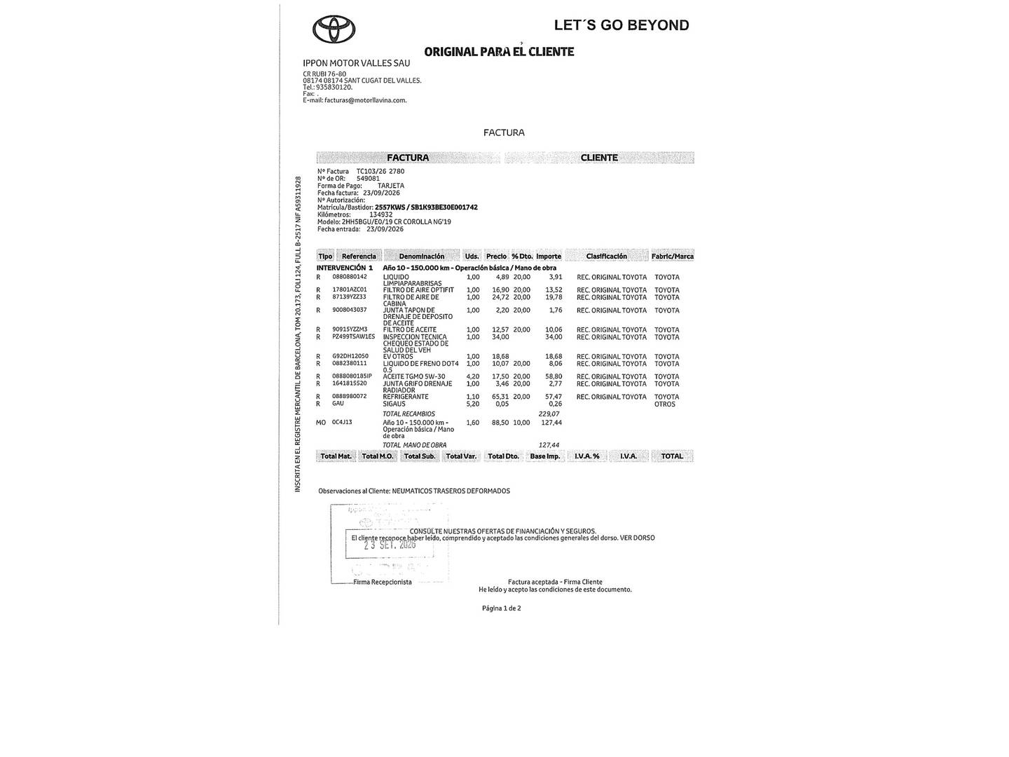 Foto del mantenimiento del Toyota Corolla Toyota Corolla 125H Active E-CVT (122 CV)
