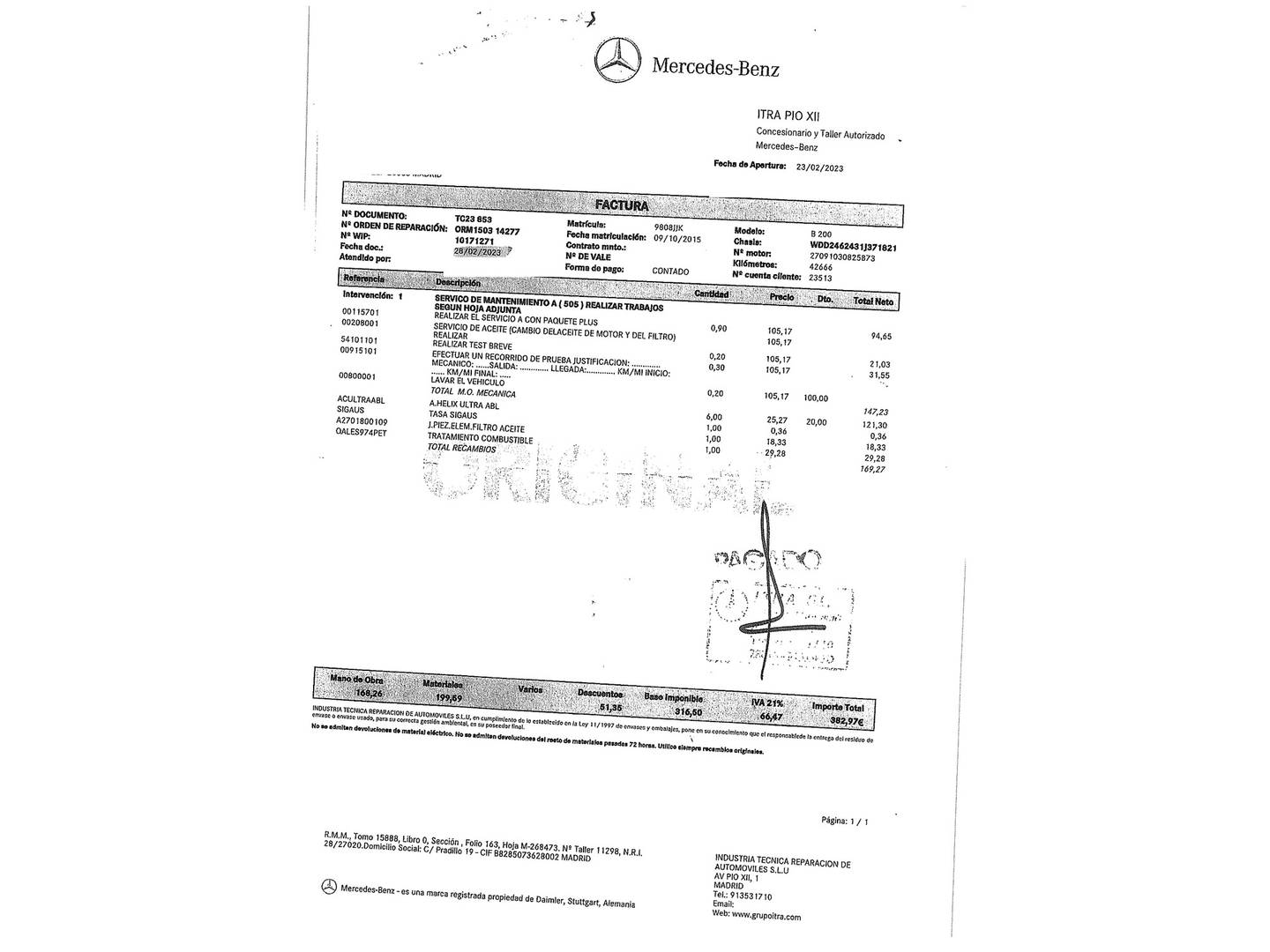 Foto del mantenimiento del Mercedes Clase B Mercedes Clase B B 200 (156 CV)