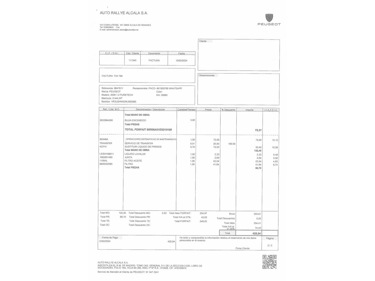 Foto del mantenimiento del Peugeot 2008 Peugeot 2008 PureTech 130 S&S GT Pack EAT8 (130 CV)