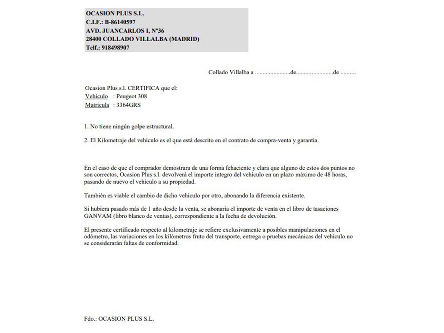 Foto del certificado del Peugeot 308 Peugeot 308 1.6 VTi Confort (120 CV)