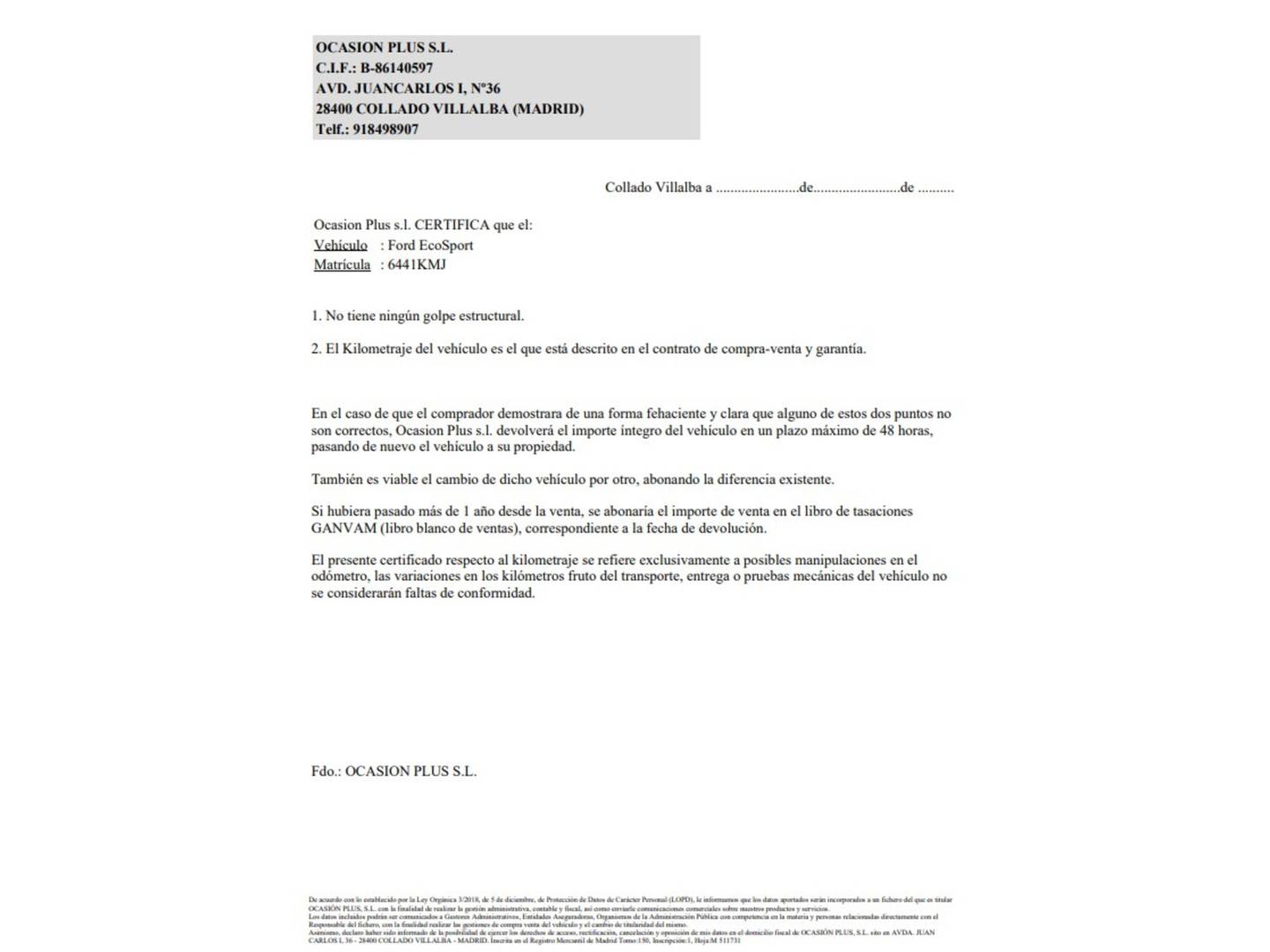 Foto del certificado del Ford EcoSport Ford EcoSport 1.0T EcoBoost S&S Trend+ (125 CV)