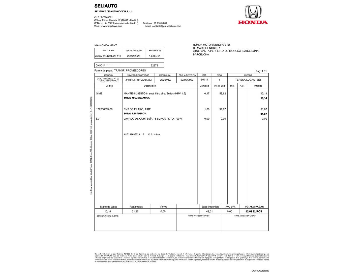 Foto del mantenimiento del Honda Civic Honda Civic 2.0 i-Vtec Type R Edición Especial Pack Carbono (329 CV)