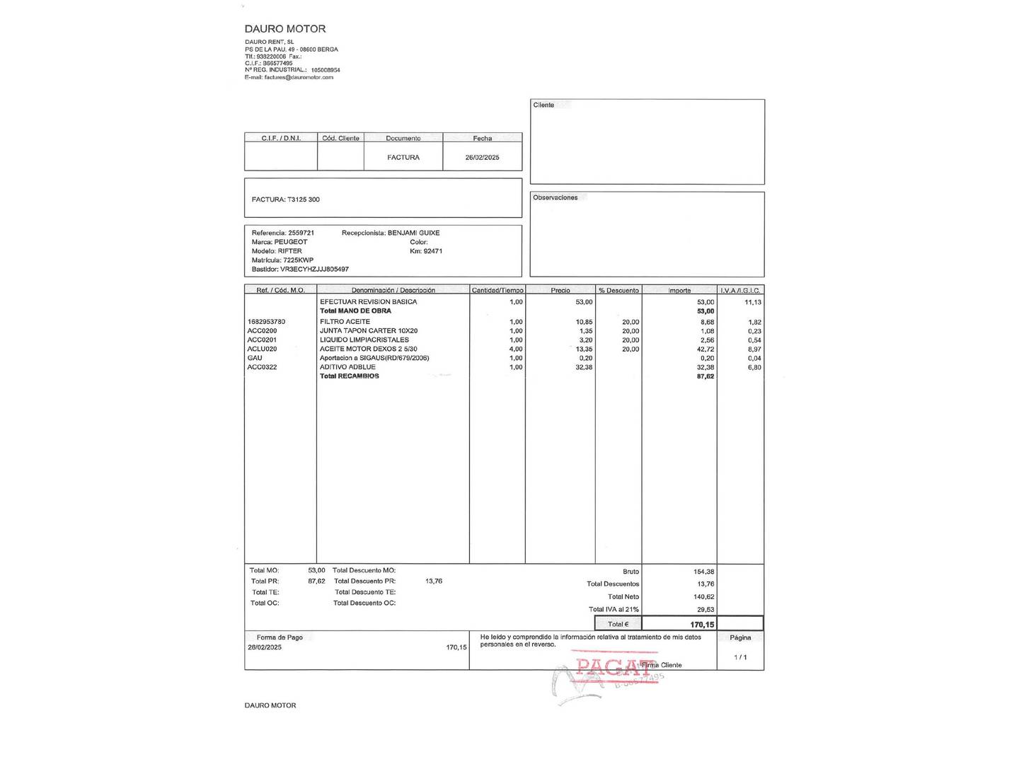 Foto del mantenimiento del Peugeot Rifter Peugeot Rifter BlueHDi 130 Active Standard (130 CV)