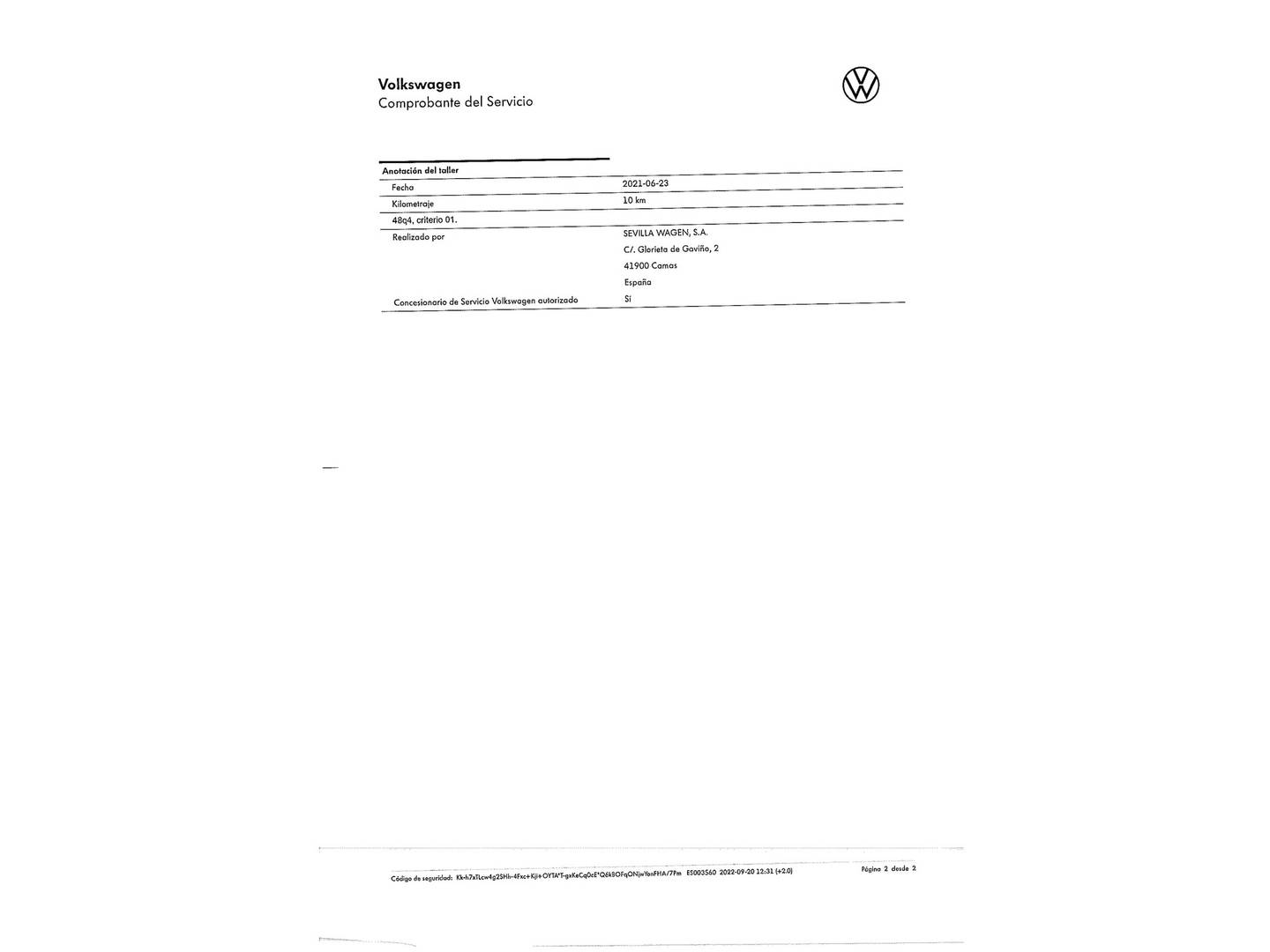 Foto del mantenimiento del Volkswagen T-Cross Volkswagen T-Cross Edition 1.0 TSI (95 CV)