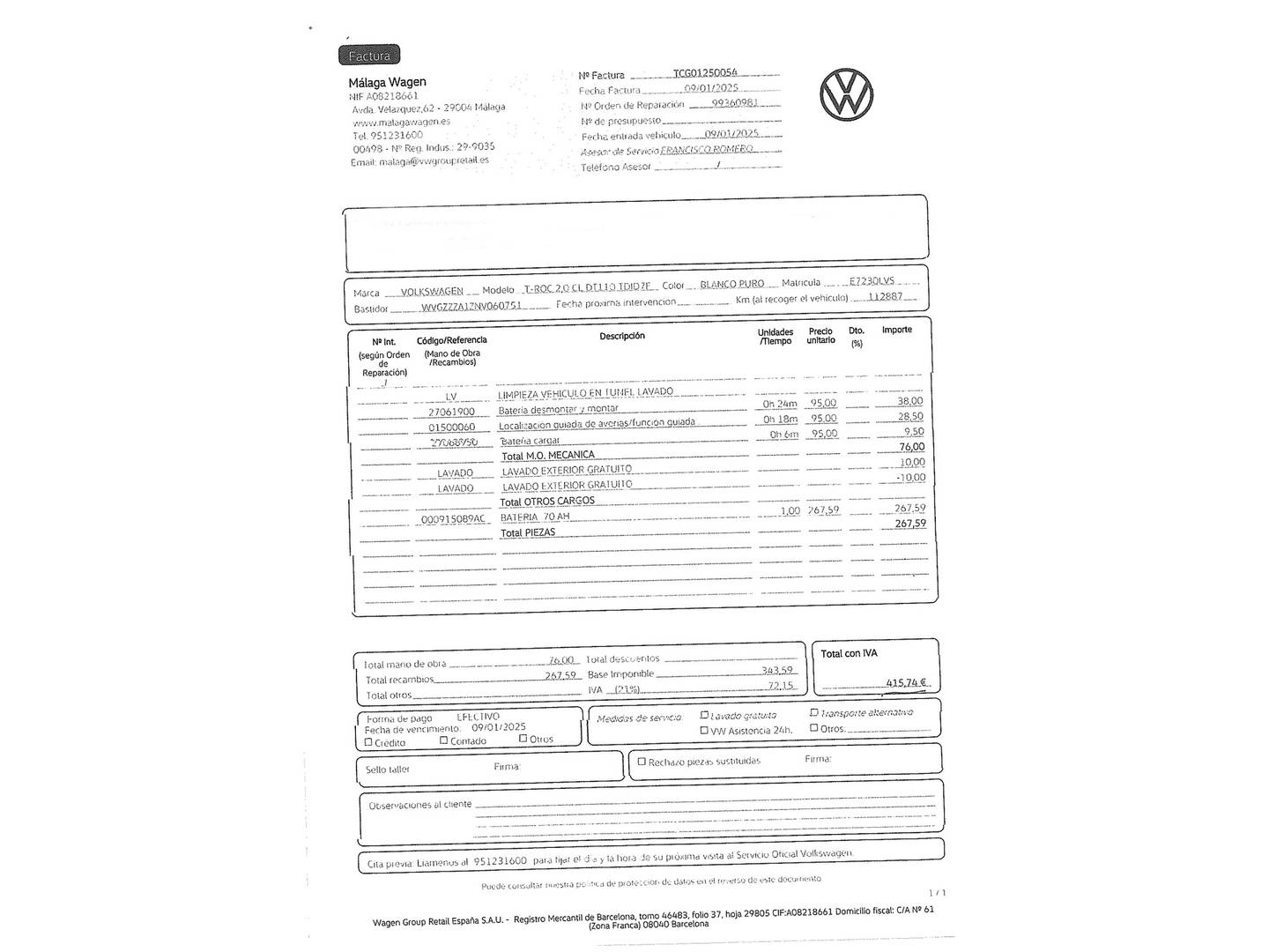 Foto del mantenimiento del Volkswagen T-Roc Volkswagen T-Roc Advance R-Line 2.0 TDI (150 CV) DSG