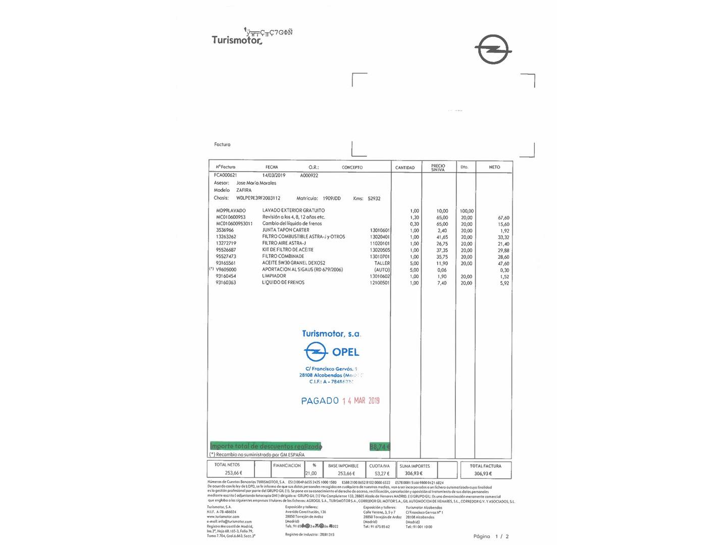 Foto del mantenimiento del Opel Zafira Tourer Opel Zafira Tourer 1.6 CDTi S&S Excellence (136 CV) 7 Plazas
