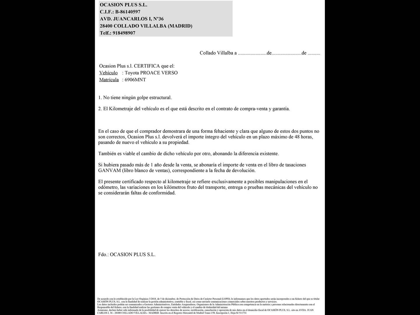 Foto del certificado del Toyota Proace Verso Toyota Proace Verso 2.0D VX Plus Shuttle L1 (145 CV) 9 Plazas