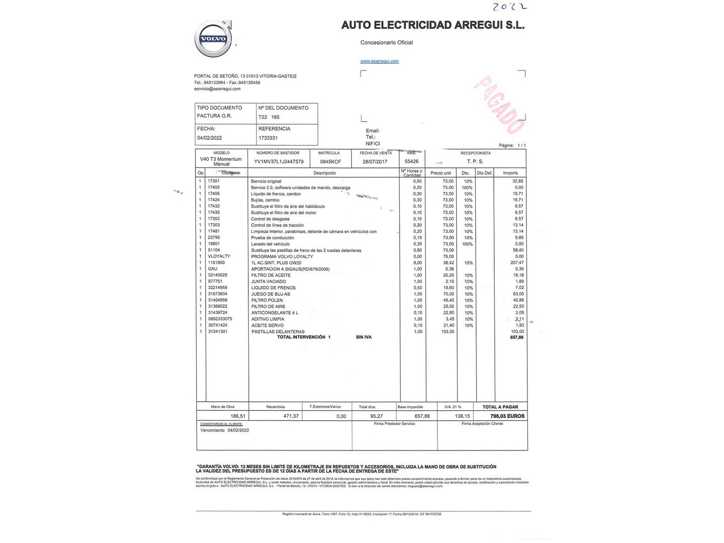 Foto del mantenimiento del Volvo V40 Volvo V40 T3 Momentum (152 CV)