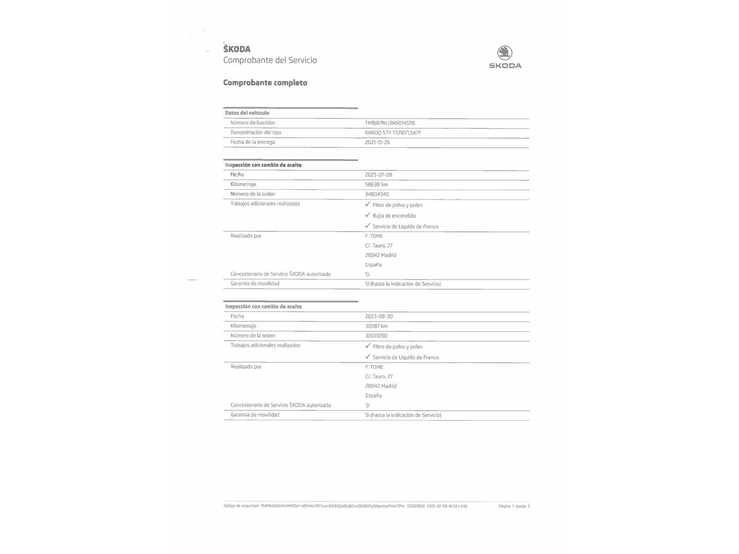 Foto del mantenimiento del Skoda Karoq Skoda Karoq 1.5 TSI ACT Style DSG (150 CV)