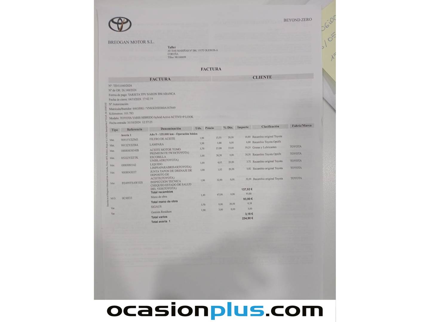 Foto del mantenimiento del Toyota Yaris Toyota Yaris 1.5 Hybrid Active (100 CV)