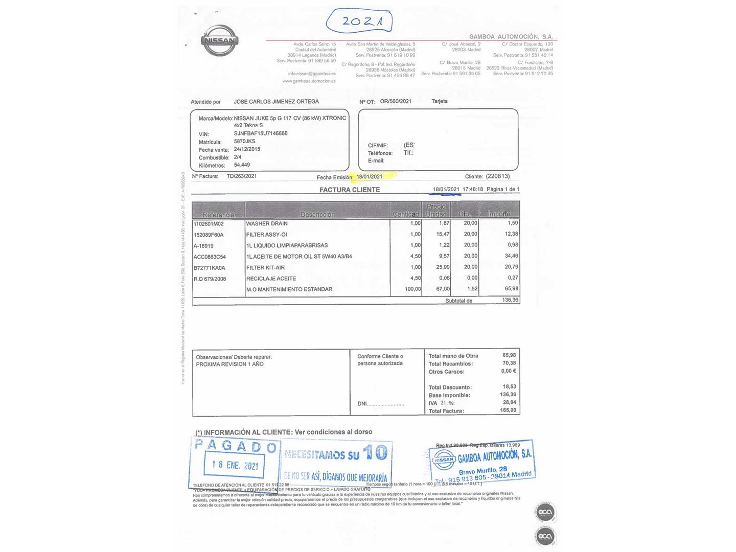 Foto del mantenimiento del Nissan JUKE Nissan Juke 1.6 N-Connecta 4x2 XTronic (117 CV)