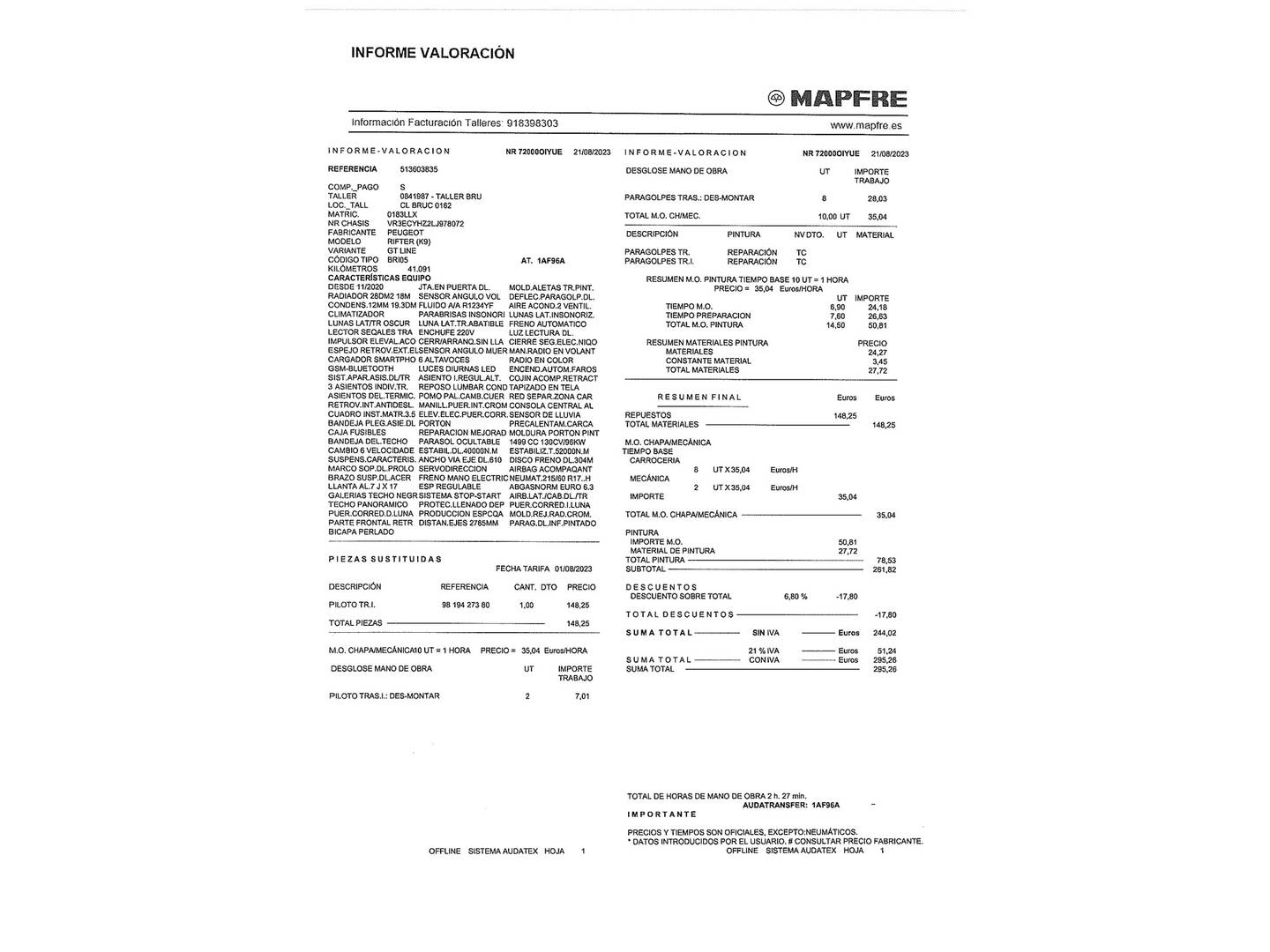 Foto del mantenimiento del Peugeot Rifter Peugeot Rifter BlueHDi 130 GT Standard (130 CV)